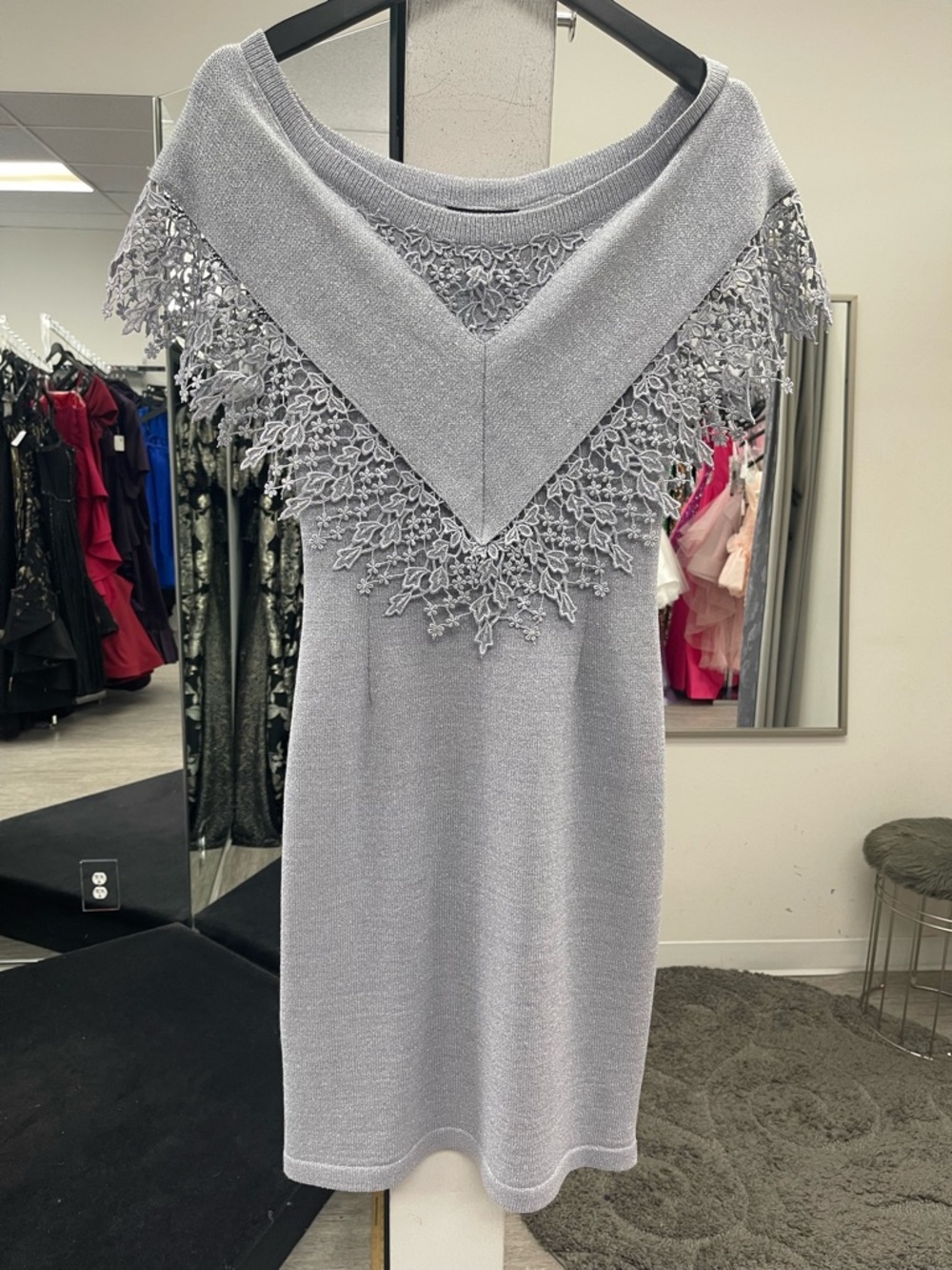 One-Shoulder Lace-Trim Grey Knit Dress